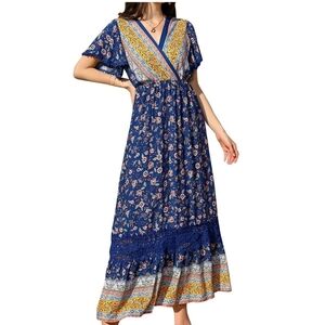 New! Womens Small Blue Boho floral crochet trim Cut Out Back Dress